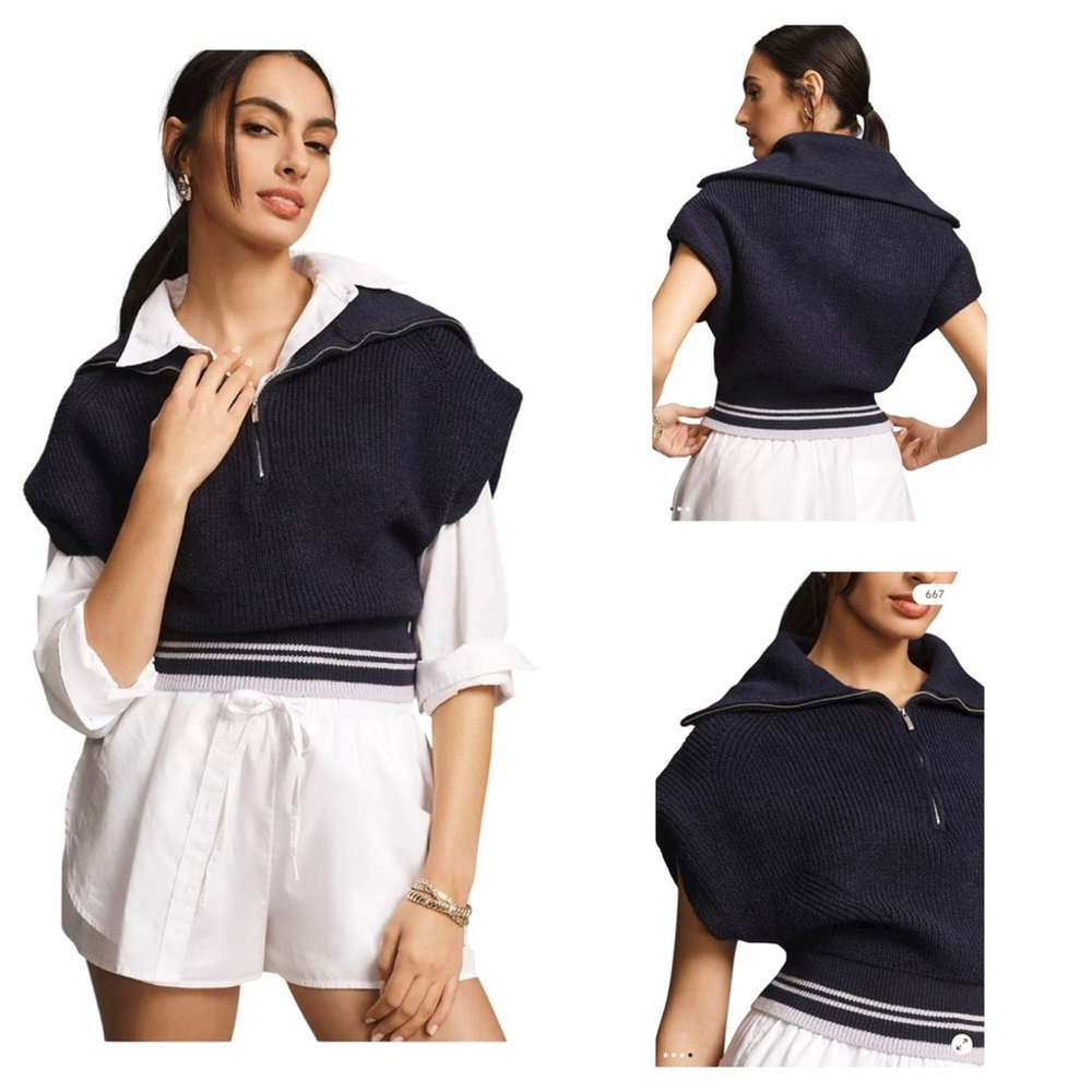 Maeve by Anthropologie Size Large Navy Blue Quarter-Zip Sweater Tee NWT